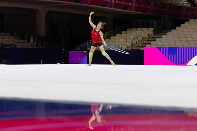 World Rhythmic Gymnastics Championships: Lauren Grüniger of Switzerland at her first practice session at the Festhalle. World Rhythmic Gymnastics Championships, August 11–16, at the Festhalle in Frankfurt am Main, Frankfurt am Main, Hesse, Germany. Festhalle