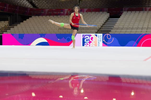 World Rhythmic Gymnastics Championships: Lauren Grüniger of Switzerland at her first practice session at the Festhalle. World Rhythmic Gymnastics Championships, August 11–16, at the Festhalle in Frankfurt am Main, Frankfurt am Main, Hesse, Germany. Festhalle