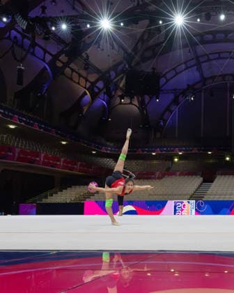 World Rhythmic Gymnastics Championships: Lauren Grüniger of Switzerland at her first practice session at the Festhalle. World Rhythmic Gymnastics Championships, August 11–16, at the Festhalle in Frankfurt am Main, Frankfurt am Main, Hesse, Germany. Festhalle