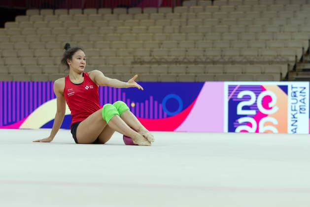 World Rhythmic Gymnastics Championships: Lauren Grüniger of Switzerland at her first practice session at the Festhalle. World Rhythmic Gymnastics Championships, August 11–16, at the Festhalle in Frankfurt am Main, Frankfurt am Main, Hesse, Germany. Festhalle