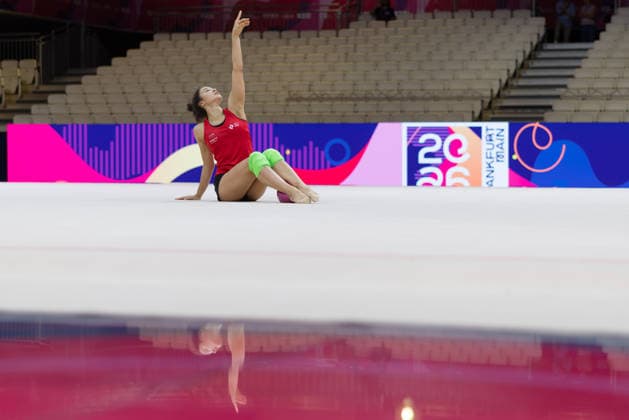 World Rhythmic Gymnastics Championships: Lauren Grüniger of Switzerland at her first practice session at the Festhalle. World Rhythmic Gymnastics Championships, August 11–16, at the Festhalle in Frankfurt am Main, Frankfurt am Main, Hesse, Germany. Festhalle