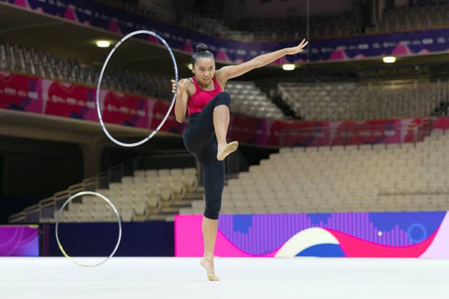 World Rhythmic Gymnastics Championships: Erica Lee of Canada during her first practice session at the Festhalle. World Rhythmic Gymnastics Championships, August 11–16, at the Festhalle in Frankfurt am Main, Frankfurt am Main, Hesse, Germany. Festhalle