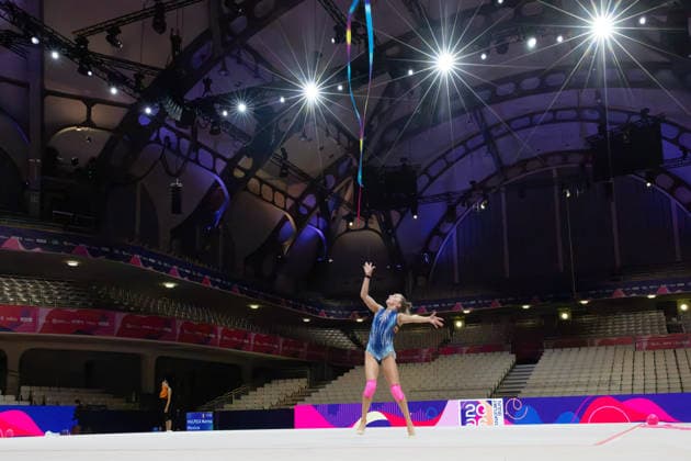 World Rhythmic Gymnastics Championships: Athletes First Training Sessions at Frankfurt s Festhalle World Rhythmic Gymnastics Championships from August 11 to 16 at the Festhalle in Frankfurt am Main, Frankfurt am Main, Hesse, Germany, Festhalle