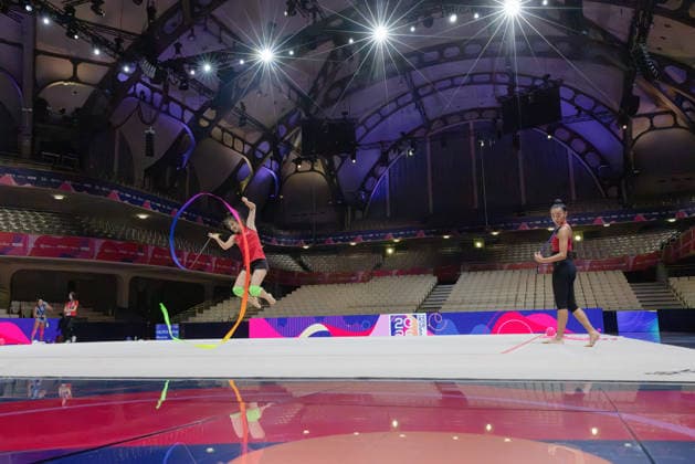 Rhythmic Gymnastics World Championships: Lauren Grüniger of Switzerland (left) during the first practice session at the Festhalle. The Rhythmic Gymnastics World Championships took place from August 11 to 16 at the Festhalle in Frankfurt am Main, Frankfurt am Main, Hesse, Germany. Festhalle