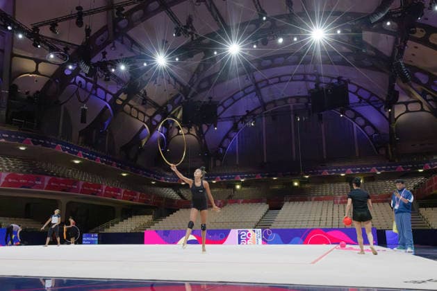 World Rhythmic Gymnastics Championships: Athletes First Training Sessions at Frankfurt s Festhalle World Rhythmic Gymnastics Championships from August 11 to 16 at the Festhalle in Frankfurt am Main, Frankfurt am Main, Hesse, Germany, Festhalle