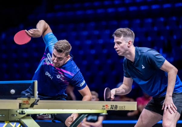 MALMÖ, August 11, 2026 — Darko Jorgic and Deni Kozul of Slovenia face Sweden’s Anton Källberg and Kristian Karlsson in the first-round match of the men’s doubles at the Europe Smash Sweden 2026 table tennis tournament at Malmö Arena in Malmö, Sweden, on August 11, 2026 MALMÖ SWEDEN x50090x  Copyright: xJohanxNilssonx xTTx EUROPE SMASH SWEDEN 2026