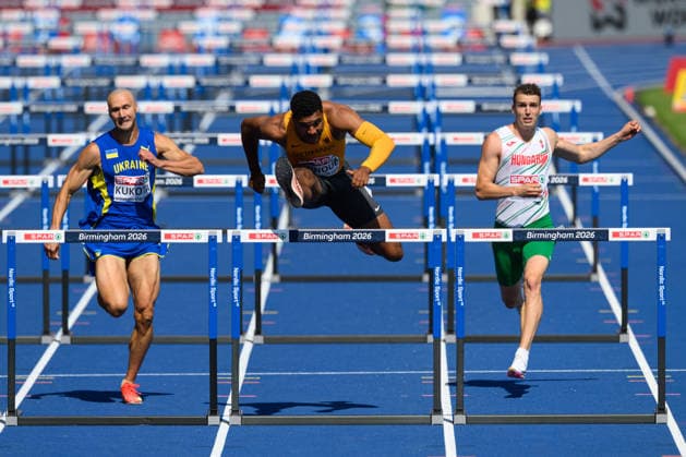 BIRMINGHAM, GREAT BRITAIN - August 11: Gregory Minoue (Germany) during the 110 metres hurdles qualification during the European Athletics Championships 2026 at Alexander Stadium in Birmingham, Great Britain (Photo by Sven Beyrich Sports Press Photo) Copyright: xSvenxBeyrich SportsxPressxPhotox Sportspressphoto_SPR204242