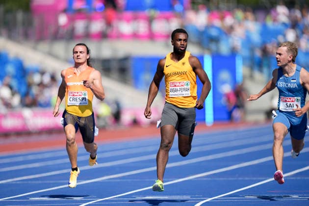 ATHLETICS - European Athletics Championships BIRMINGHAM,ENGLAND,11.AUG.26 - ATHLETICS - European Athletics Championships,100m Men, qualification. Image shows Lucas Ansah-Peprah (GER).  GEPAxpictures xRanjithxKumar