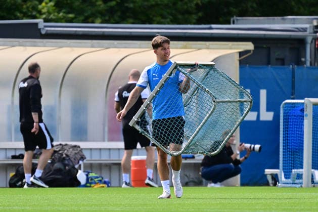 August 11, 2026, Soccer, Men s, 2nd Division, 2026–2027 Season, Holstein Kiel Training: Moritz Reimers Wears a Minitor Kiel, Projensdorf, Projensdorf, Training Field, Schleswig-Holstein, Germany