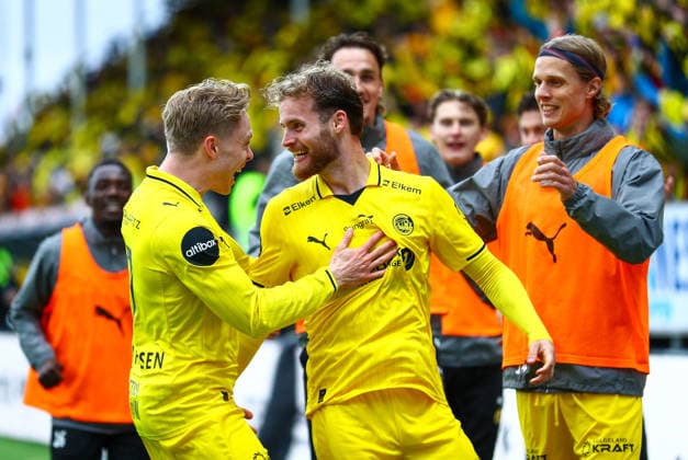 Soccer, Champions League 2025–2026 Bodo Glimt Union Saint Gilloise Bodo 20260811 Celebration after a goal during the Champions League qualifying match between Bodo Glimt and Union Saint Gilloise at Aspmyra Stadium Photo Mats Torbergsen NTB Bodo Norway EDITORIAL USE ONLY RESTRICTED USE FOR BETTING COMPANIES  Copyright: xMatsxTorbergsenx xNTBx