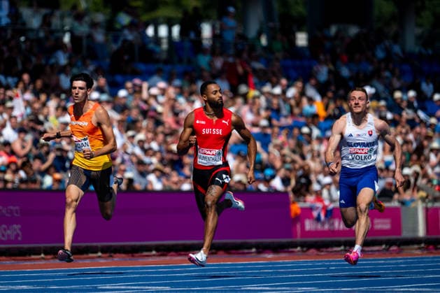 August 11, 2026, GBR, Track and Field, 2026 European Championships, Morning Session, Day 2, Birmingham: Abel Jordan (Spain), Timothe Mumenthaler (Switzerland), Jan Volko (Slovakia), Men s 100-meter dash, preliminary round, Birmingham Alexander Stadium, England, Great Britain Copyright: xNordphoto Memmlerx