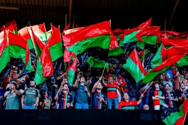 NIJMEGEN Supporters of NEC Nijmegen during the Champions League match between NEC and Olympiacos at De Goffert Stadium on August 11, 2026, in Nijmegen, the Netherlands