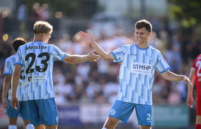 Soccer WFV Cup 2026–2027, Round 3, August 11, 2026: FC Rottenburg vs. SV Stuttgarter Kickers. CELEBRATION: Kickers Vincent Schwab high-fives goal scorer Christoph Meister after the 0–2 goal.
