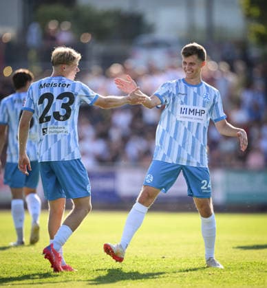 Soccer WFV Cup 2026–2027, Round 3, August 11, 2026: FC Rottenburg vs. SV Stuttgarter Kickers. CELEBRATION: Kickers Vincent Schwab high-fives goal scorer Christoph Meister after the 0–2 goal.