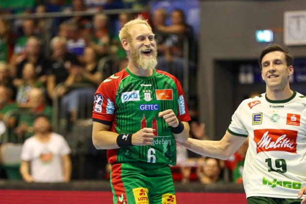 August 11, 2026, xgox, 2026 Hummel Cup Handball Match: SC Magdeburg vs. GWD Mindenemspor, from left: Matthias Musche (Magdeburg), 6: Cheering, goal celebration, celebrating the goal, Magdeburg celebration
