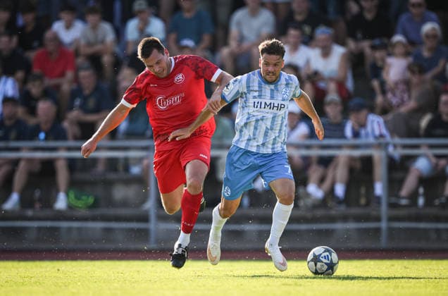 Soccer WFV Cup 2026–2027, Round 3, August 11, 2026: FC Rottenburg vs. SV Stuttgarter Kickers. Yannick Glessing (right), Kickers, vs. Rene Hirschka (left), FC Rottenburg