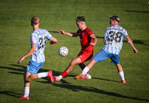 Soccer WFV Cup 2026–2027, Round 3, August 11, 2026: FC Rottenburg vs. SV Stuttgarter Kickers; Julian Marco Kiesecker (center), FC Rottenburg, against Christian Mauersberger (right), Kickers