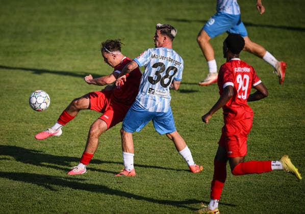 Soccer WFV Cup 2026–2027, Round 3, August 11, 2026: FC Rottenburg vs. SV Stuttgarter Kickers; Julian Marco Kiesecker (left), FC Rottenburg, vs. Christian Mauersberger (center), Kickers