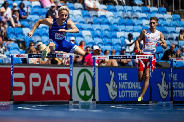 August 11, 2026: Antti Sainio of Finland competes in the men’s 400-meter hurdles during Day 2 of the 2026 European Athletics Championships on August 11, 2026 in Birmingham. Photo by Maxim Thore. BILDBYRAN code MT MT1065 track and field athletics friidrett friidrotts em em friidretts em 2026 European Athletics Championships 2 bbeng  Copyright: MAXIMxTHORE BB260811MT066