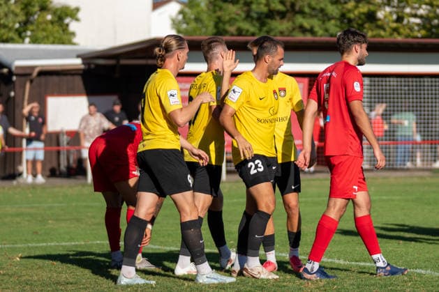 Collective celebration after Marlon Fass s 0-2 goal for SG Sonnenhof Großaspach, 09, SSV Schwäbisch Hall vs. SG Sonnenhof Großaspach, Soccer, WFV Cup, Round 3, August 11, 2026, Schwäbisch Hall, Baden-Württemberg, Germany Copyright: xkolbert-press PhilipxZieglerx