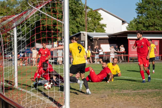 Marlon Fass of SG Sonnenhof Großaspach scores the 0-2 goal in the 9th minute; SSV Schwäbisch Hall vs. SG Sonnenhof Großaspach, Soccer, WFV Cup, 3rd Round, August 11, 2026, Schwäbisch Hall, Baden-Württemberg, Germany Copyright: xkolbert-press PhilipxZieglerx