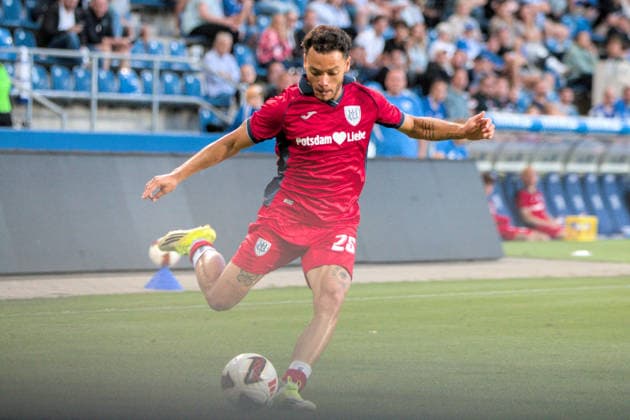 August 11, 2026 Men s Soccer 2026–2027 Northeast Regional League, Matchday 4: 1 FC Magdeburg II vs. SV Babelsberg 03, Avnet Arena, Magdeburg, Theo Ogbidi, Babelsberg, 25, in red, delivers a cross Magdeburg Saxony-Anhalt Germany