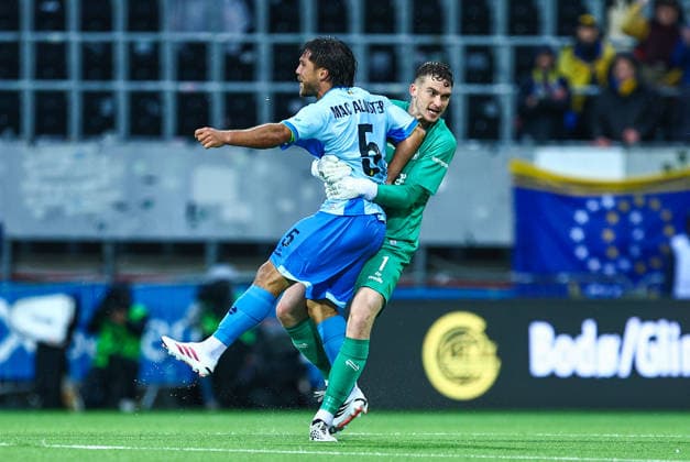 Soccer, Champions League 2025–2026 Bodo Glimt Union Saint Gilloise Bodo 20260811 Kevin Mac Allister and Vic Chambaere during the Champions League qualifying match between Bodo Glimt and Union Saint Gilloise at Aspmyra Stadium Photo: Mats Torbergsen, NTB Bodo, Norway EDITORIAL USE ONLY RESTRICTED USE FOR BETTING COMPANIES  Copyright: xMatsxTorbergsenx xNTBx