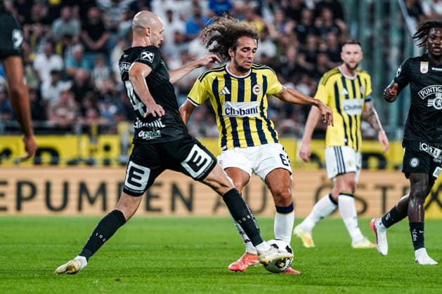 Soccer Austria UEFA Champions League Qualifying 2026–2027, Round 3, August 11, 2026: SK Sturm Graz (Austria) vs. Fenerbahçe Istanbul (Turkey) at Merkur Arena, Graz, Austria; Jon Gorenc Stankovic (Sturm Graz), Matteo Guendouzi (Fenerbahçe SK) Copyright: xLUKAxKOLANOVICx