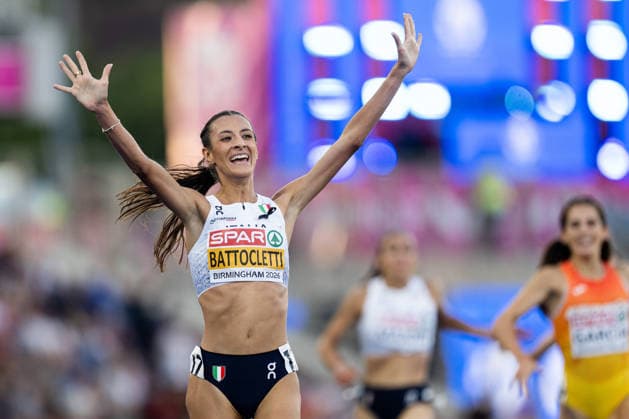 August 11, 2026: Nadia Battocletti of Italy celebrates after the women’s 5,000-meter final on Day 2 of the 2026 European Athletics Championships in Birmingham. 2026 in Birmingham. Photo by Mathias Bergeld. BILDBYRAN code MB MT1065. track and field, athletics, friidrett, friidrotts EM, 2026 European Athletics Championships, 2 bbeng  Copyright: MATHIASxBERGELD BB260811MB119