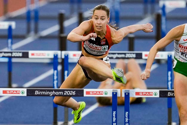 2026 European Outdoor Athletics Championships, Day 2, Birmingham, England, August 11, 2026. Martine Hjornevik in the women’s 100-meter hurdles semifinal during the 2026 European Athletics Championships at Alexander Stadium in Birmingham on Tuesday. Photo: Beate Oma Dahle, NTB, Birmingham, England. EDITORIAL USE ONLY. RESTRICTED USE FOR BETTING COMPANIES.  Copyright: xBeatexOmaxDahlex xNTBx