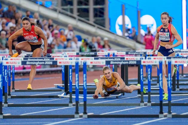 BIRMINGHAM, GREAT BRITAIN - AUGUST 11, 2026 : Franziska SCHUSTER (GER Germany) falls down competing in the 100m hurdles semifinal during the European Athletics Championships at Alexander Stadium on August 11, 2026 in Birmingham, Great Britain. Great Britain Copyright: xLeahxKohringx