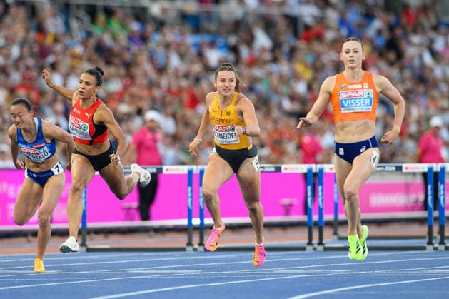 BIRMINGHAM, GREAT BRITAIN - August 11: Ditaji Kambundji (Switzerland), Rosina Schneider (Germany) and Nadine Visser (Netherlands) during the 100 metres hurdles semi-final during the European Athletics Championships 2026 at Alexander Stadium in Birmingham, Great Britain (Photo by Sven Beyrich Sports Press Photo) Copyright: xSvenxBeyrich SportsxPressxPhotox Sportspressphoto_SPR204342