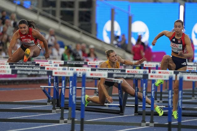 Birmingham, Track and Field, Athletics, EAA, 2026 European Athletics Championships in Birmingham, August 10–17, 2026, Alexander Stadium, Birmingham, Great Britain, Women’s 100m Hurdles, Franziska Schuster, Germany (GER), fell, stumbled. Photo copyright Gladys Chai von der Laage