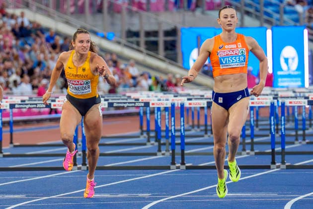 BIRMINGHAM, GREAT BRITAIN - AUGUST 11, 2026 : Franziska SCHUSTER (GER Germany) and Nadine VISSER (NED Netherlands) competing in the 100m hurdles semifinal during the European Athletics Championships at Alexander Stadium on August 11, 2026 in Birmingham, Great Britain. Great Britain Copyright: xLeahxKohringx