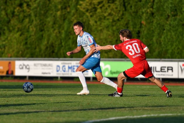 Maximilian Zaiser, SV Stuttgarter Kickers, 18, Maxime Ackermann, FC Rottenburg, 30 FC Rottenburg vs. SV Stuttgarter Kickers, Soccer, WFV Cup, Group 3, Round 3, Württemberg, 2026–2027 Season, August 11, 2026, FC Rottenburg vs. SV Stuttgarter Kickers, Soccer, WFV Cup, Group 3, Round 3, Württemberg, 2026–2027 Season, August 11, 2026, Rottenburg am Neckar Copyright: xEibner-Pressefoto RalphxKunzex EP_RKE