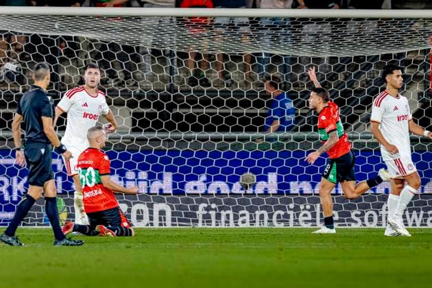 NIJMEGEN N E C Nijmegen forward Emre Mor scores the 2-1 goal and celebrates his goal during the Champions League match between N E C and Olympiacos at De Goffert Stadium on August 11, 2026, in Nijmegen, the Netherlands