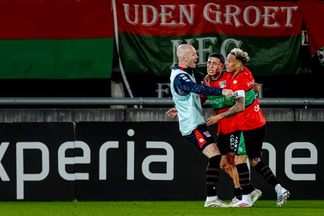 NIJMEGEN N E C Nijmegen forward Emre Mor scores the 2-1 goal and celebrates his goal during the Champions League match between N E C and Olympiacos at De Goffert Stadium on August 11, 2026, in Nijmegen, the Netherlands