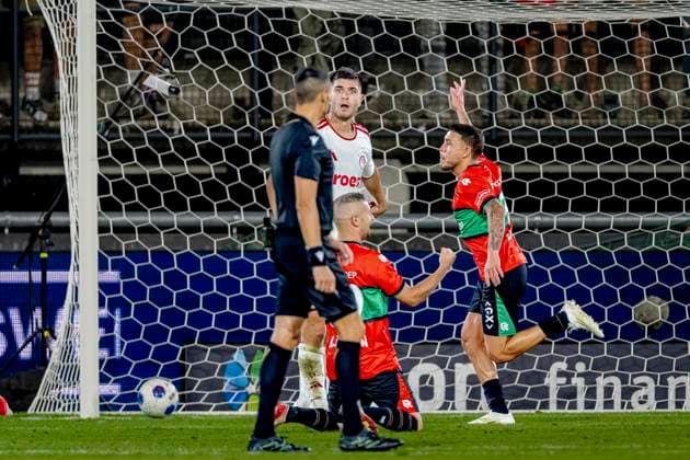 NIJMEGEN N E C Nijmegen forward Emre Mor scores the 2-1 goal and celebrates his goal during the Champions League match between N E C and Olympiacos at Stadion de Goffert on August 11, 2026, in Nijmegen, the Netherlands
