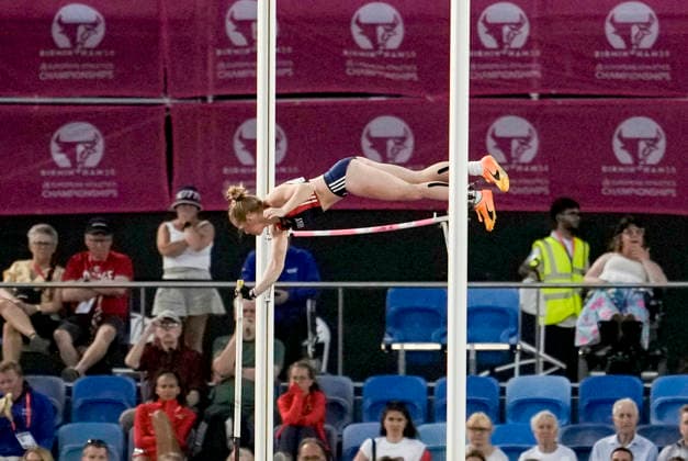 2026 European Outdoor Athletics Championships, Day 2, Birmingham, England, August 11, 2026. Kitty Faye Friele in the women’s pole vault qualifying round at the 2026 European Athletics Championships at Alexander Stadium in Birmingham on Tuesday. Photo: Beate Oma Dahle, NTB, Birmingham, England. EDITORIAL USE ONLY. RESTRICTED USE FOR BETTING COMPANIES.  Copyright: xBeatexOmaxDahlex xNTBx