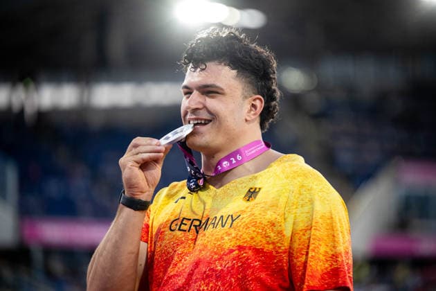 August 11, 2026, GBR, Track and Field, 2026 European Championships, Evening Session, Day 2, Birmingham Merlin Hummel Germany celebrates second place and the silver medal, Men s Hammer Throw, Final, Alexander Stadium, Birmingham, England, Great Britain Copyright: xNordphoto Memmlerx