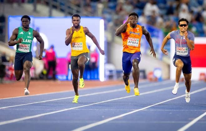 BIRMINGHAM - Evlis Afrifa in action in the 100-meter semi-final during the second day of the European Athletics Championships. IRIS VAN DEN BROEK ANP xVIxANPxSportx xxANPxIVx 565285044 originalFilename: 565285044.jpg
