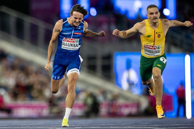 260811 Riku Illukka of Finland competes in the men’s 100-meter semifinal on Day 2 of the 2026 European Athletics Championships on August 11, 2026 in Birmingham. Photo by Maxim Thore. BILDBYRAN code MT MT1065 track and field athletics friidrett friidrotts em em friidretts em 2026 European Athletics Championships 2 bbeng  Copyright: MAXIMxTHORE BB260811MT096