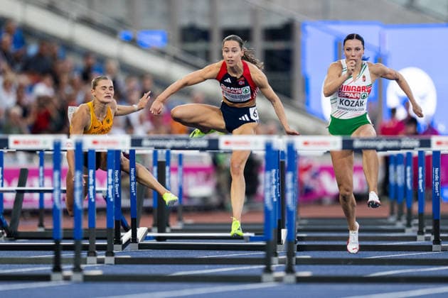 August 11, 2026: Franziska Schuster of Germany, Martine Kolbeinshavn Hjornevik of Norway, and Luca Kozak of Hungary compete in the women’s 100-meter hurdles semifinal on Day 2 of the 2026 European Athletics Championships on August 11, 2026 in Birmingham. Photo by Mathias Bergeld. BILDBYRAN code MB MT1065. track and field athletics friidrett friidrotts em em friidretts em 2026 European Athletics Championships 2 bbeng  Copyright: MATHIASxBERGELD BB260811MB140