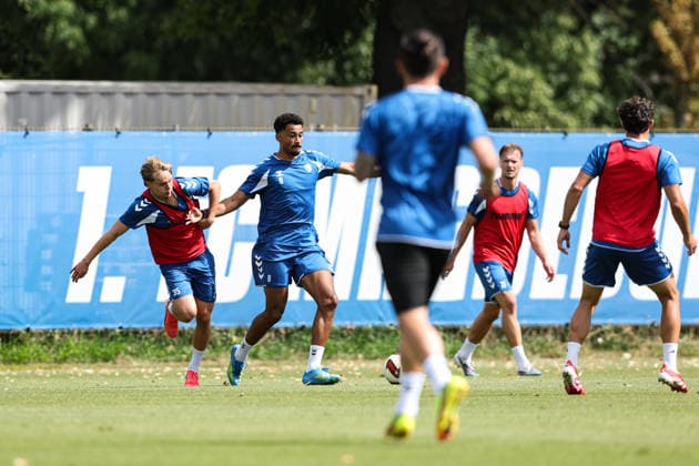 Emmanuel Iyoha (1 FC Magdeburg, 8) vs. Magnus Baars (1 FC Magdeburg, 35) 2. Bundesliga Season 2026–2027 1 FC Magdeburg Training at the Avnet Arena in Magdeburg Soccer, Man,Men, Germany, August 11, 2026