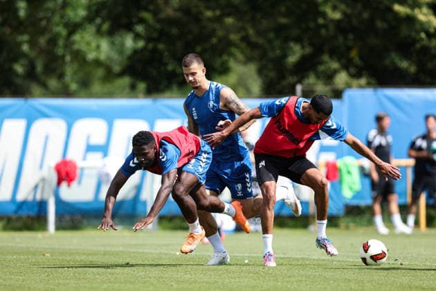 From left: Daniel Heber, 1 FC Magdeburg, 15; Mateusz Zukowski, 1 FC Magdeburg, 22; Magnus Baars 1 FC Magdeburg, 35 2 Bundesliga Season 2026–2027 1 FC Magdeburg Training at the Avnet Arena in Magdeburg Soccer, Man, Men, Germany, August 11, 2026