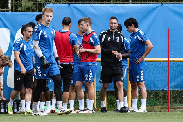 Coach Pascal Ibold, Anselmo Garcia Mac Nulty (1), 1. FC Magdeburg (3), and Paul Jaeckel (1), 1. FC Magdeburg (6), 2026–2027 Bundesliga season, 1. FC Magdeburg training at the Avnet Arena in Magdeburg, soccer, man,Men, Germany, August 11, 2026