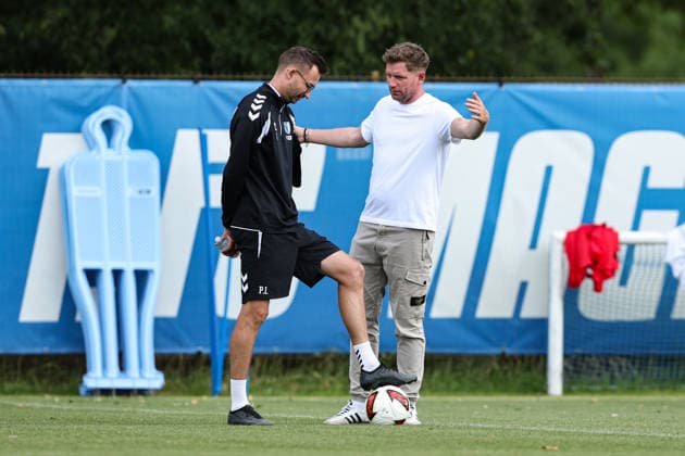 Sports Director Peer Jaekel of 1. FC Magdeburg with Coach Pascal Ibold of 1. FC Magdeburg 2, Bundesliga, 2026–2027 season, 1. FC Magdeburg training at the Avnet Arena in Magdeburg, soccer, man, men, Germany, August 11, 2026