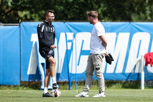 Sports Director Peer Jaekel of 1. FC Magdeburg with Coach Pascal Ibold of 1. FC Magdeburg 2, Bundesliga, 2026–2027 season, 1. FC Magdeburg training at the Avnet Arena in Magdeburg, soccer, man, men, Germany, August 11, 2026