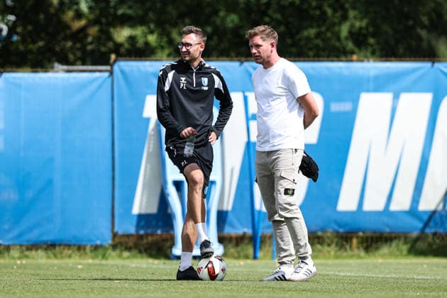 Sports Director Peer Jaekel of 1. FC Magdeburg with Coach Pascal Ibold of 1. FC Magdeburg 2, Bundesliga, 2026–2027 season, 1. FC Magdeburg training at the Avnet Arena in Magdeburg, soccer, man, men, Germany, August 11, 2026