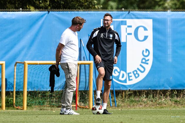 Coach Pascal Ibold and Sports Director Peer Jaekel, 1. FC Magdeburg, 2. Bundesliga, 2026–2027 season, 1. FC Magdeburg training session at the Avnet Arena in Magdeburg, soccer, man, men, Germany, August 11, 2026